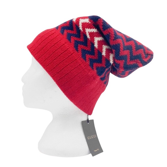 GUCCI Wool Zigzag Beanie Hat Red Size M 22cm - Picture 1 of 10